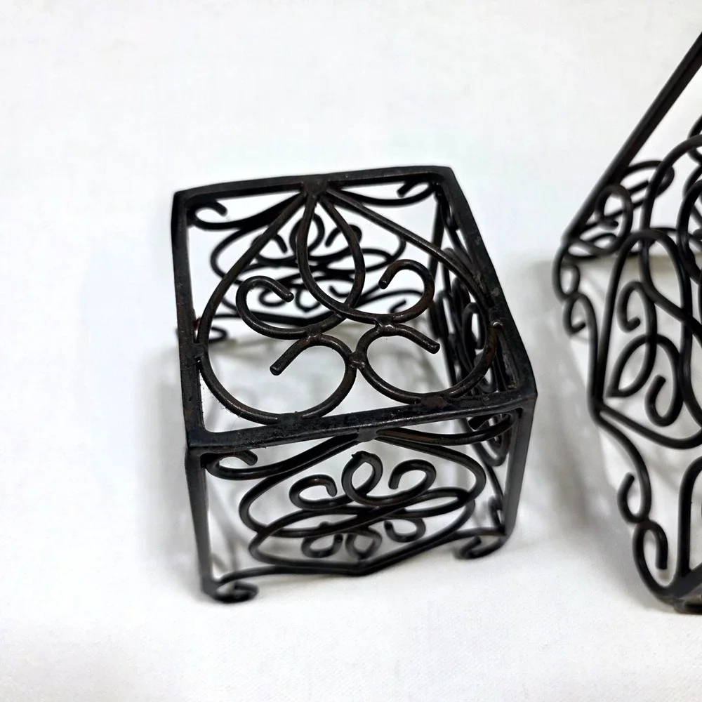 Wire Basket Farmhouse Set S/M Brown Scrollwork Wrought Iron Decor Chic Storage